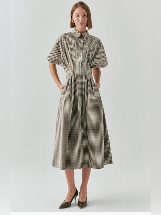 Anthropologie Dresses & Skirts - Anthropologie Exquise Tobie Studded shirt dress in brown and white gingham. S.